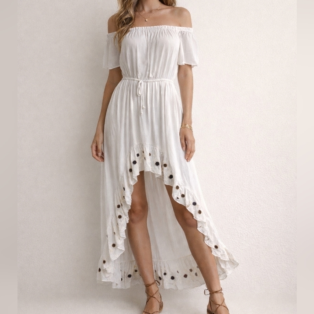 J FOR JUSTIFY White Off Shoulder Embroidered Hi-Lo Peasant Festival Dress